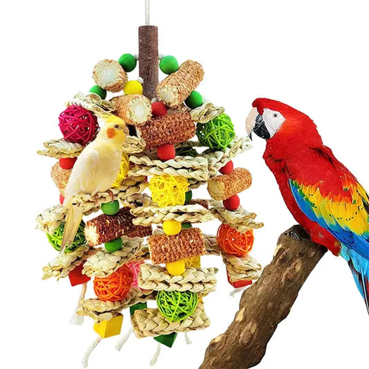 Handmade Medium-Large Bird Chew Toys, Stimulating Corn Cob & Loofah Entertainment Toys with Corn Husk Texture, Soft-Hard Balance & Effortless Installation for Large Parrots (Colorful)