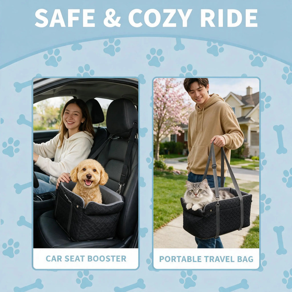 Soft Fabric Paw Print Dog Car Booster Seat - Armrest-Mount, Portable Pet Basket, Safe Travel Carrier Bed for Small-Medium Dogs